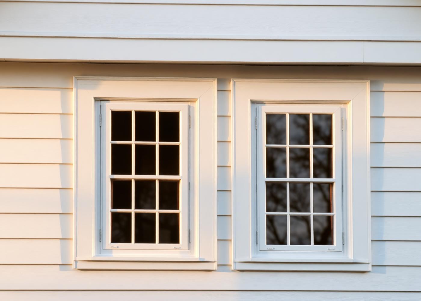 Detail of two white residential windows on a modern home exterior